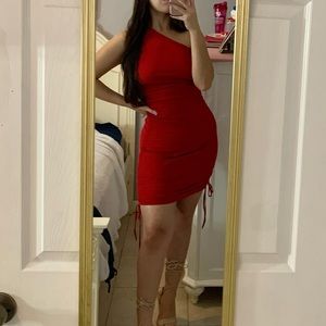 Red One Shoulder Ruched Dress
